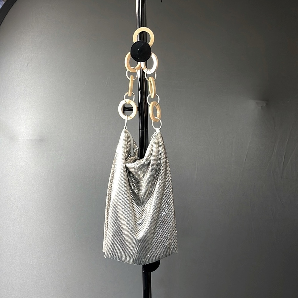 Metal Link Purse with Wooden Ring handle. Whiting and Davis.